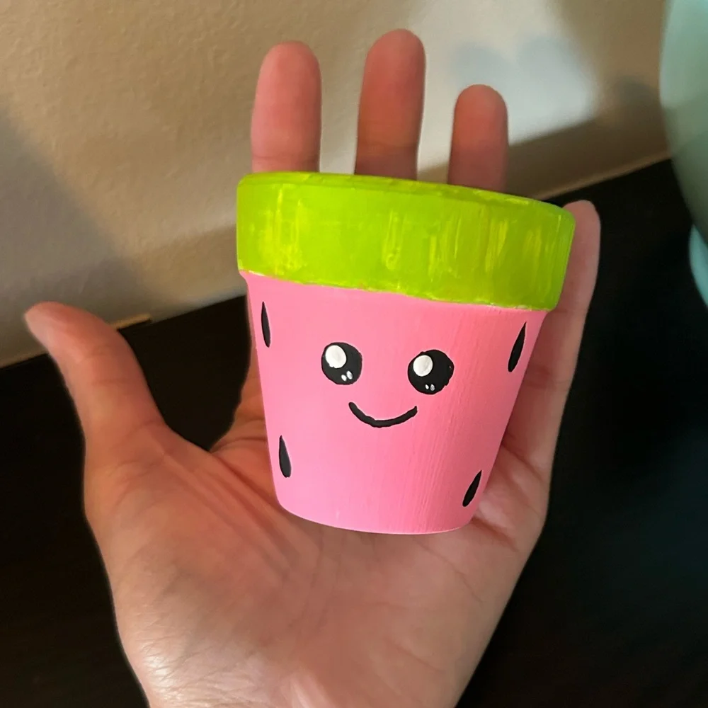 Handmade Watermelon Decorative Clay Terracotta Painted Pot Hot Pink Green Fruit